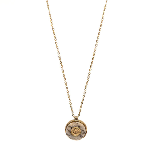 Collier doré pour femme avec médaillon rond en pierre naturelle serti d’un motif rosace doré. Bijou bohème chic en acier inoxydable, résistant à l’eau et hypoallergénique, au design spirituel et raffiné