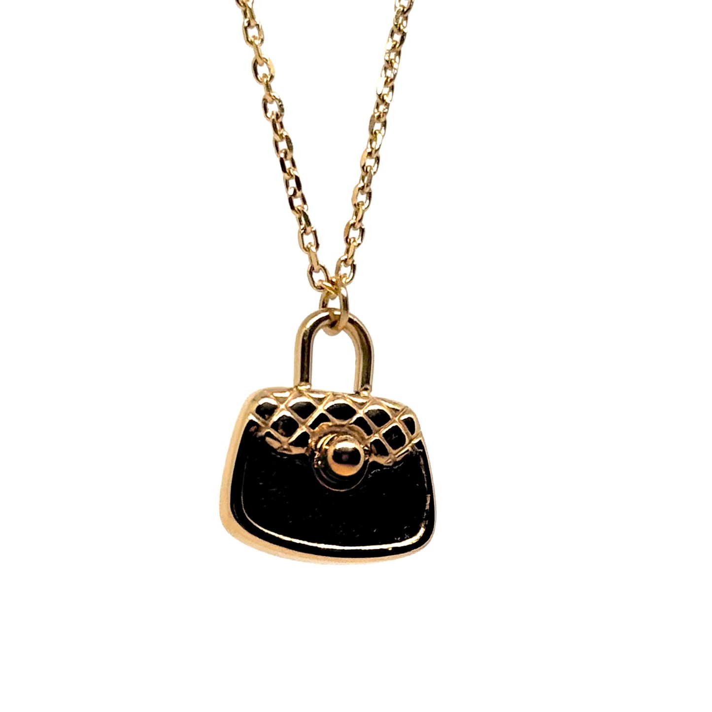 Collier doré pour femme en acier inoxydable avec pendentif en forme de sac à main noir émaillé. Bijou original et tendance, résistant à l’eau et hypoallergénique, au style chic et inspiré de la haute couture