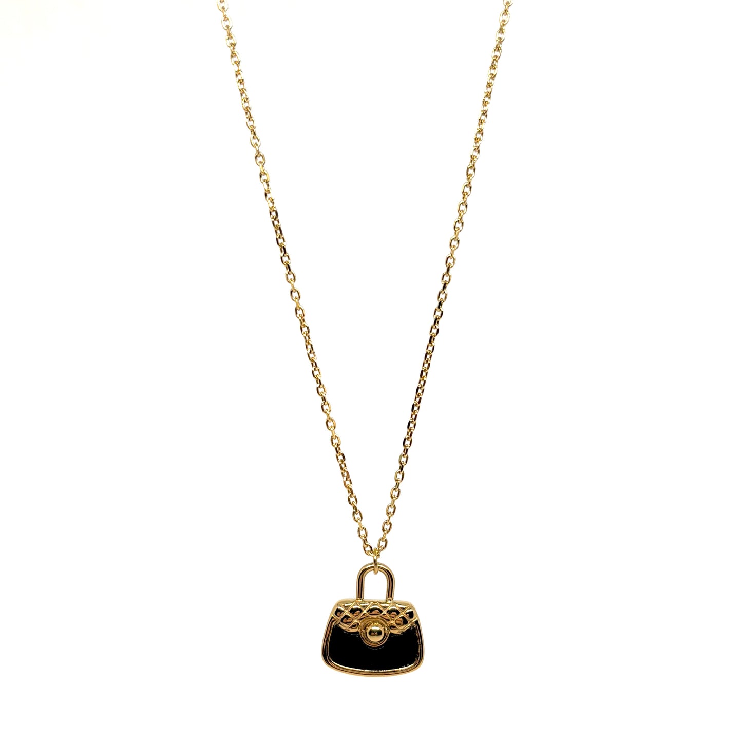 Collier doré pour femme en acier inoxydable avec pendentif en forme de sac à main noir émaillé. Bijou original et tendance, résistant à l’eau et hypoallergénique, au style chic et inspiré de la haute couture