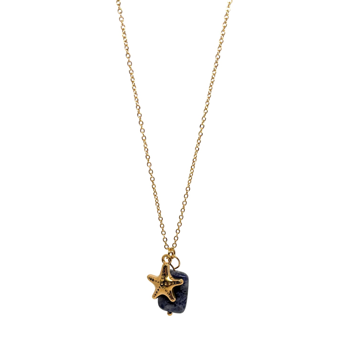 Collier doré pour femme en acier inoxydable, orné d’un pendentif étoile de mer et d’une pierre bleue brute. Bijou marin et bohème, résistant à l’eau et hypoallergénique, symbole de liberté et de connexion à l’océan