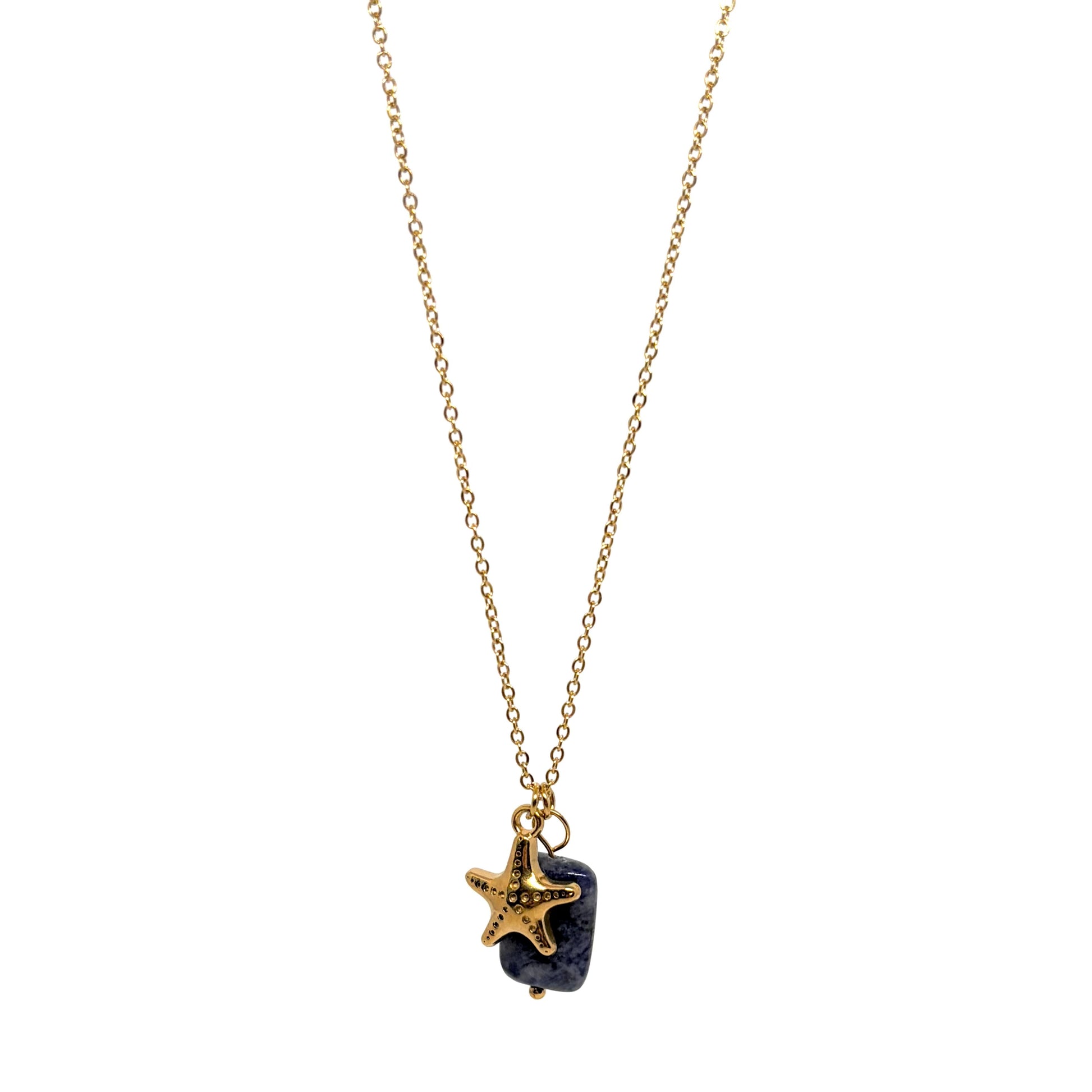 Collier doré pour femme en acier inoxydable, orné d’un pendentif étoile de mer et d’une pierre bleue brute. Bijou marin et bohème, résistant à l’eau et hypoallergénique, symbole de liberté et de connexion à l’océan