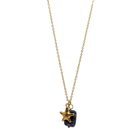 Collier doré pour femme en acier inoxydable, orné d’un pendentif étoile de mer et d’une pierre bleue brute. Bijou marin et bohème, résistant à l’eau et hypoallergénique, symbole de liberté et de connexion à l’océan
