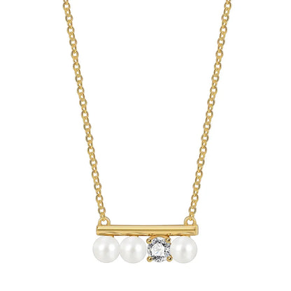 collier femme en plaqué or avec barre horizontale ornée de perles blanches et d’un zircon central, longueur ajustable 45 à 50 cm, bijou minimaliste et moderne au charme équilibré