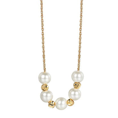 collier femme en plaqué or avec perles blanches nacrées et boules dorées rainurées sur chaîne torsadée ajustable 45 +5 cm, bijou élégant et intemporel pour un style raffiné