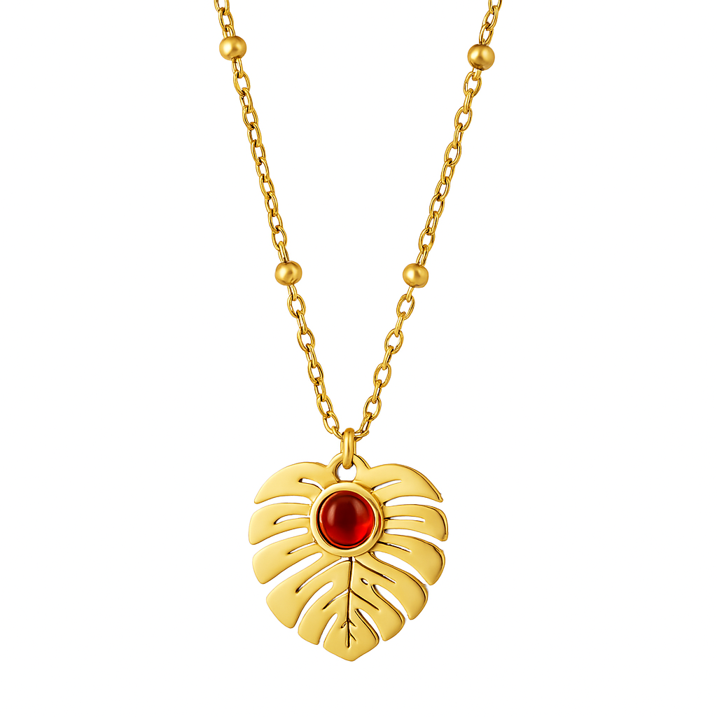 Ce collier doré feuille Monstera est sublimé par une pierre rouge centrale, évoquant force et vitalité. Le design fin de la chaîne à maillons ponctués de billes lui donne un style moderne et délicat.

Matériaux : Acier inoxydable doré – résistant à l’eau, hypoallergénique. Finition lisse, détails précis.

Dimensions : Longueur : 40 + 5 cm – pendentif feuille : 15 mm – poids : 3,3 g.

Style : Un bijou végétal et lumineux, parfait pour un look nature chic ou une tenue estivale.
