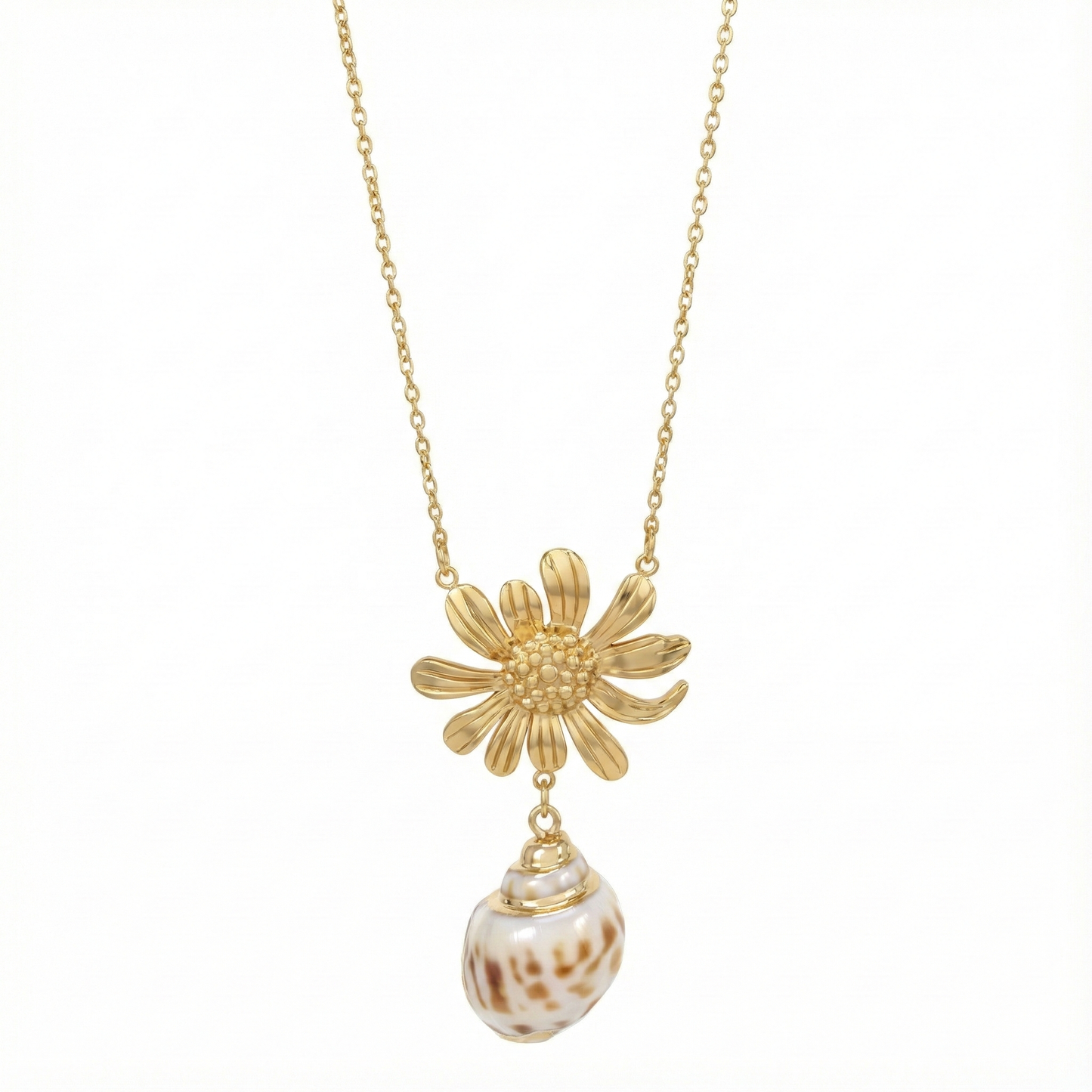 Collier fleur et coquillage en acier titane couleur doré