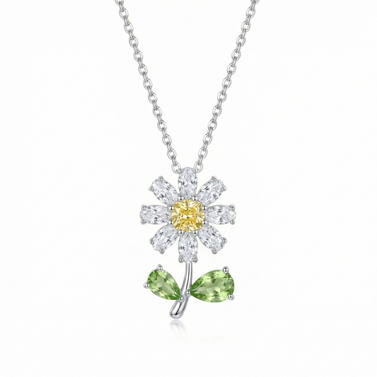 Collier pendentif fleur de marguerite en acier inoxydable argenté, cœur en cristal strass brillant, style champêtre.