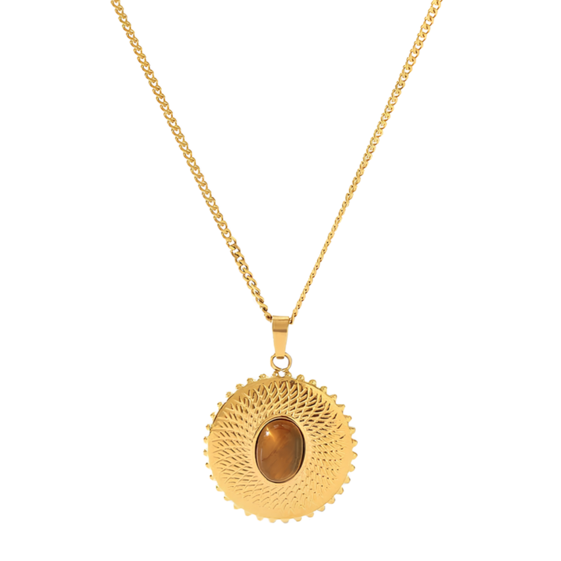 Ce collier médaille en acier inoxydable doré, serti d’un œil de tigre naturel, est un véritable talisman énergétique. Le motif texturé en rayons solaires renforce la puissance de cette pierre aux reflets ambrés, symbole de courage et de confiance en soi.

Matériau : Acier inoxydable doré, pierre naturelle œil de tigre, hypoallergénique, résistant à l’eau et à l’oxydation.