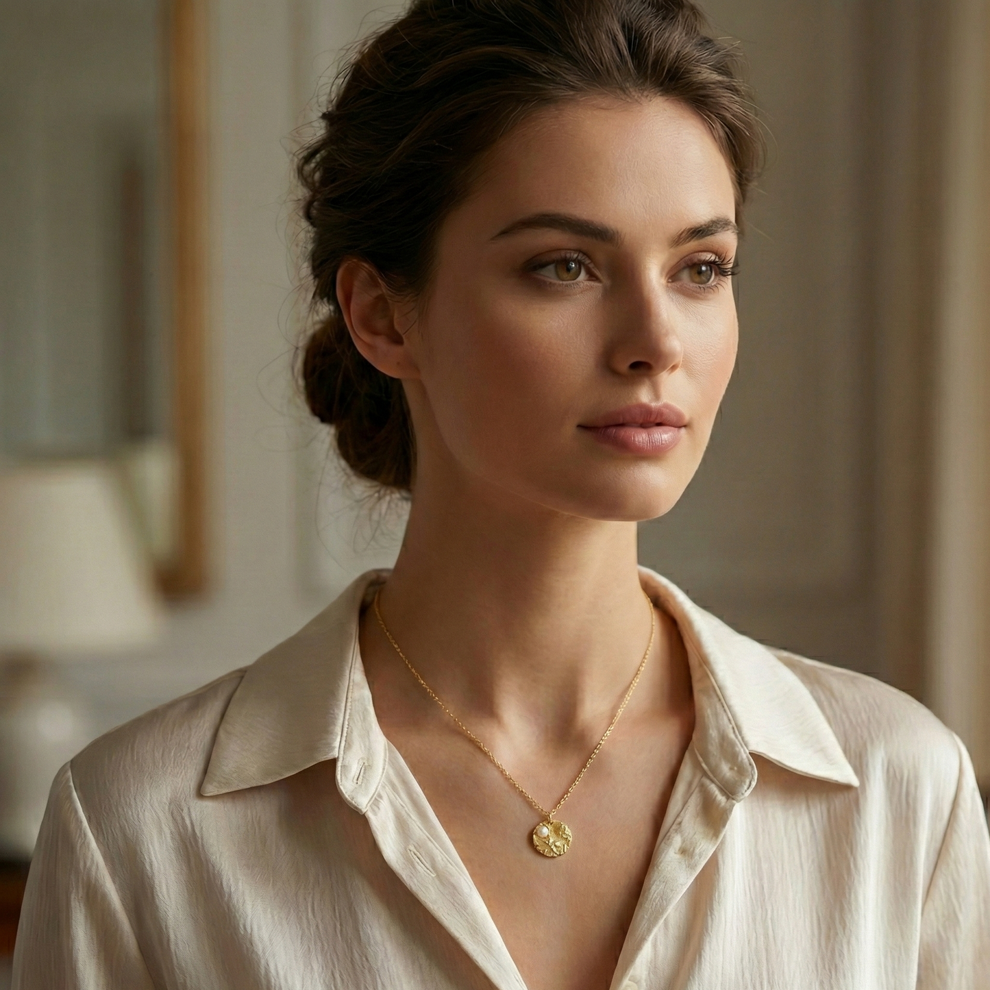 Collier pendentif médaille ronde motif marine (rose des vents ou boussole) en acier inoxydable doré, bijou symbole de voyage.