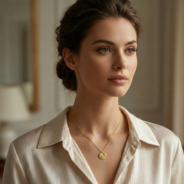 Collier pendentif médaille ronde motif marine (rose des vents ou boussole) en acier inoxydable doré, bijou symbole de voyage.