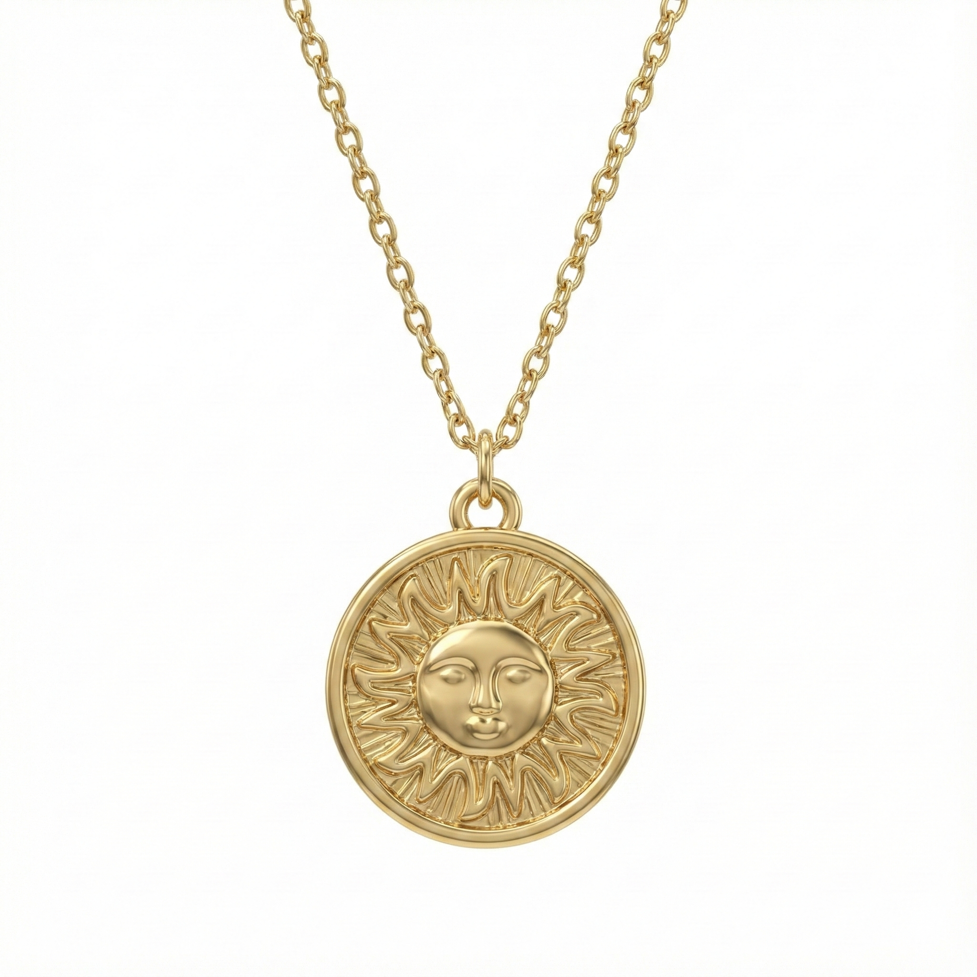 Collier médaille soleil doré avec gravure en relief