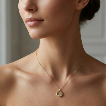 Collier médaillon arbre de vie en acier doré orné de cristaux brillants, symbole de famille et porte-bonheur pour femme.