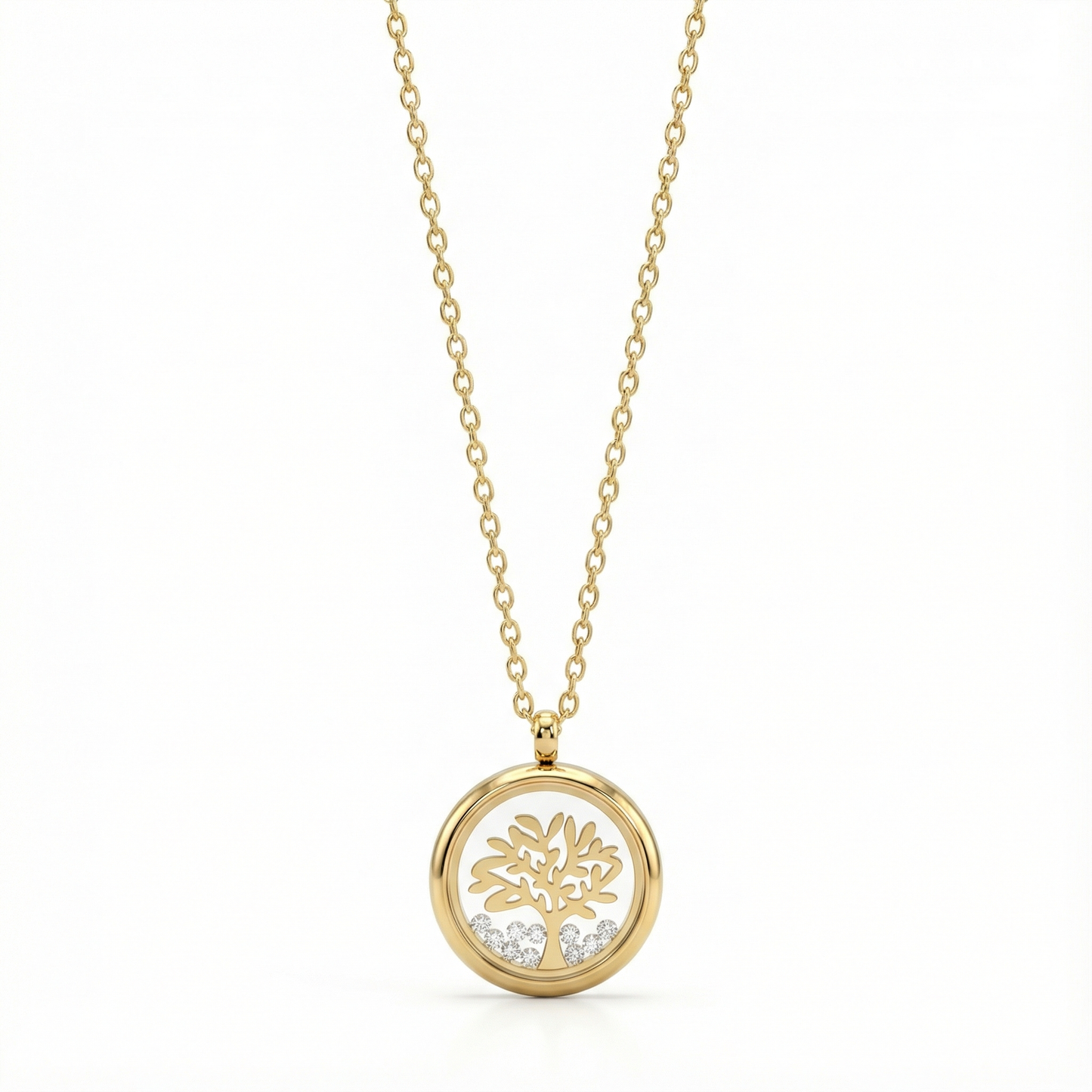 Collier médaillon arbre de vie en acier doré orné de cristaux brillants, symbole de famille et porte-bonheur pour femme.