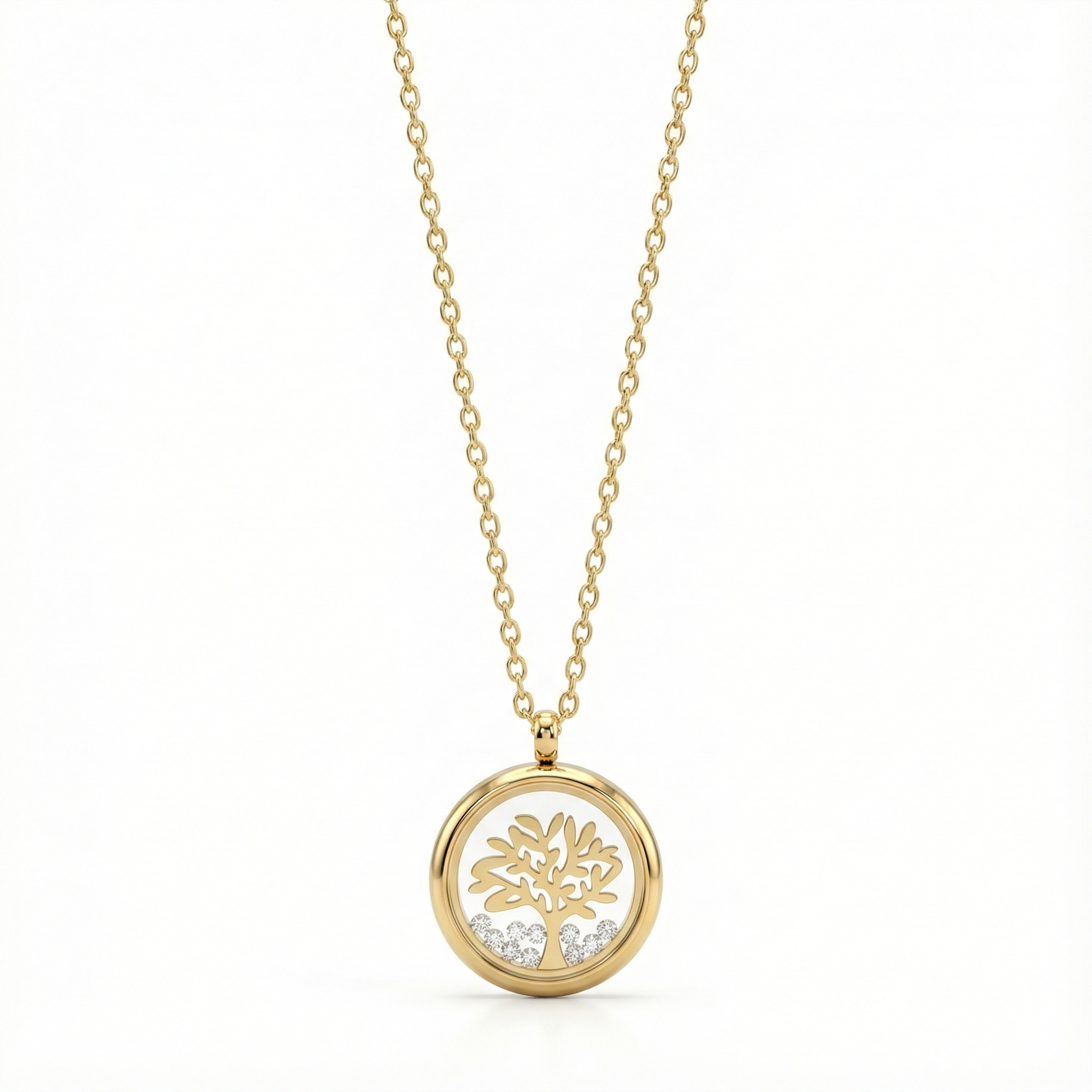 Collier médaillon arbre de vie en acier doré orné de cristaux brillants, symbole de famille et porte-bonheur pour femme.