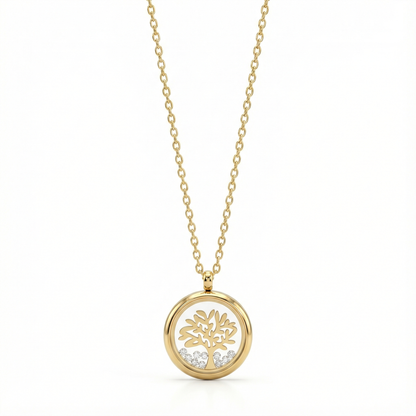 Collier médaillon arbre de vie en acier doré orné de cristaux brillants, symbole de famille et porte-bonheur pour femme.