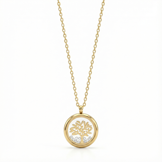Collier médaillon arbre de vie en acier doré orné de cristaux brillants, symbole de famille et porte-bonheur pour femme.