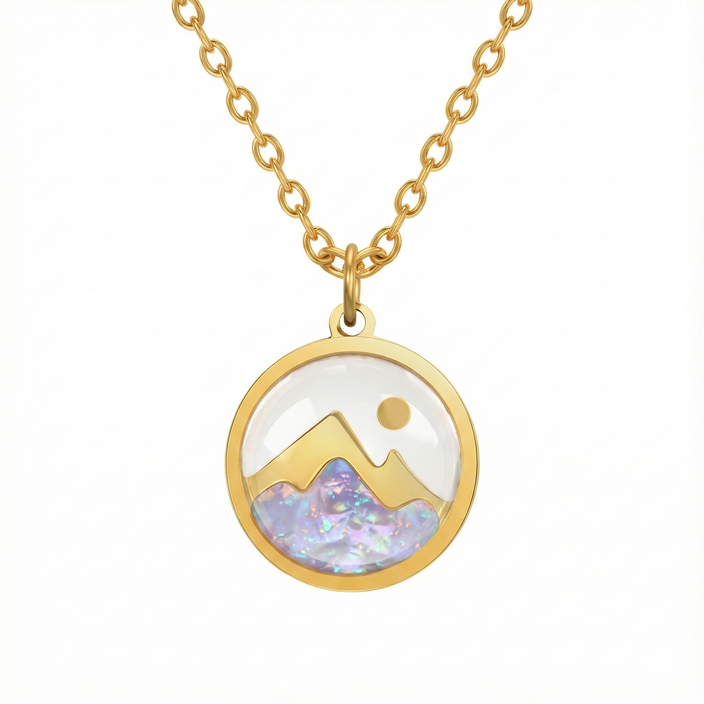 Collier médaillon montagne en acier inoxydable doré avec fond nacré