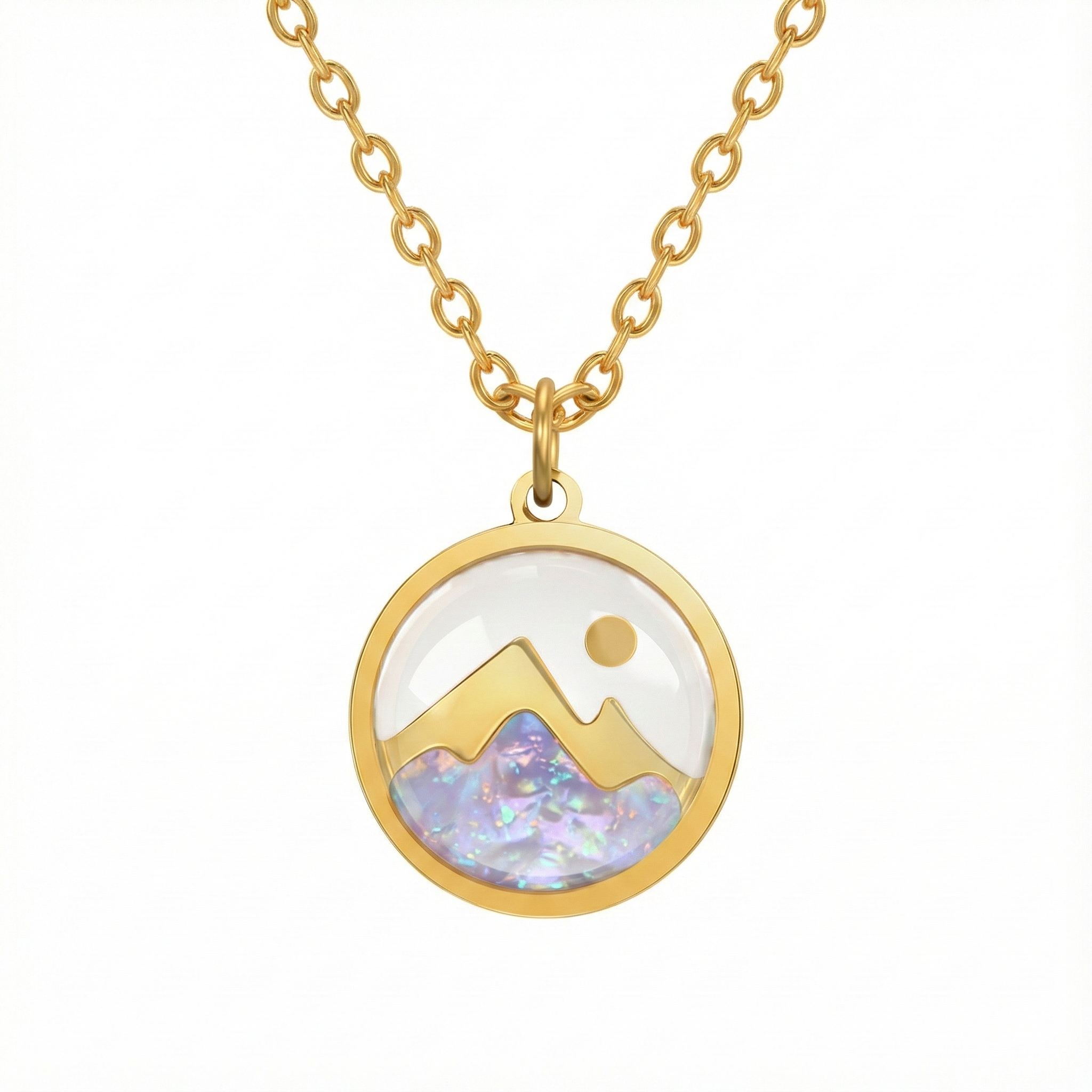 Collier médaillon montagne en acier inoxydable doré avec fond nacré