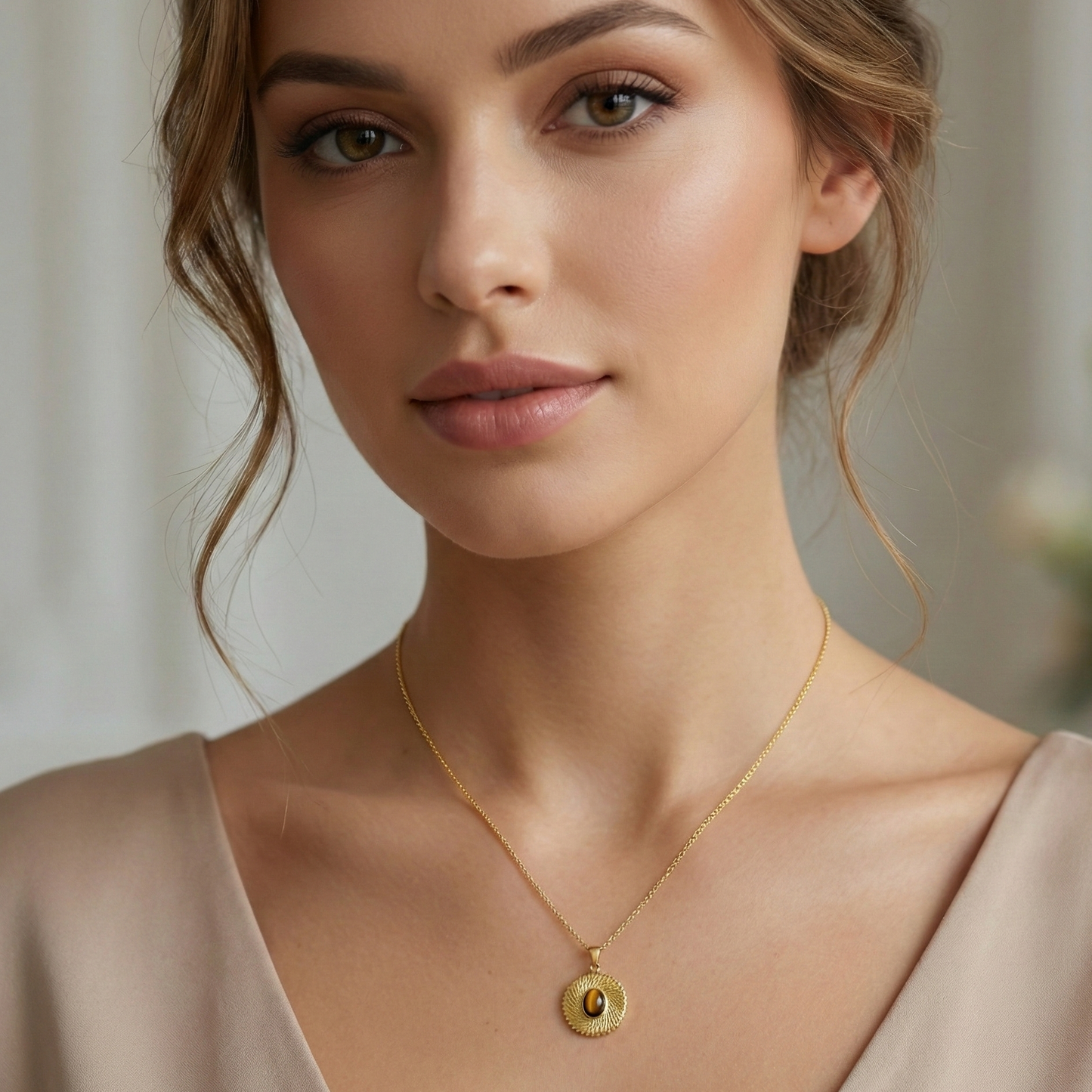 Collier talisman de protection avec médaillon en pierre naturelle œil de tigre, chaîne en acier inoxydable doré durable.