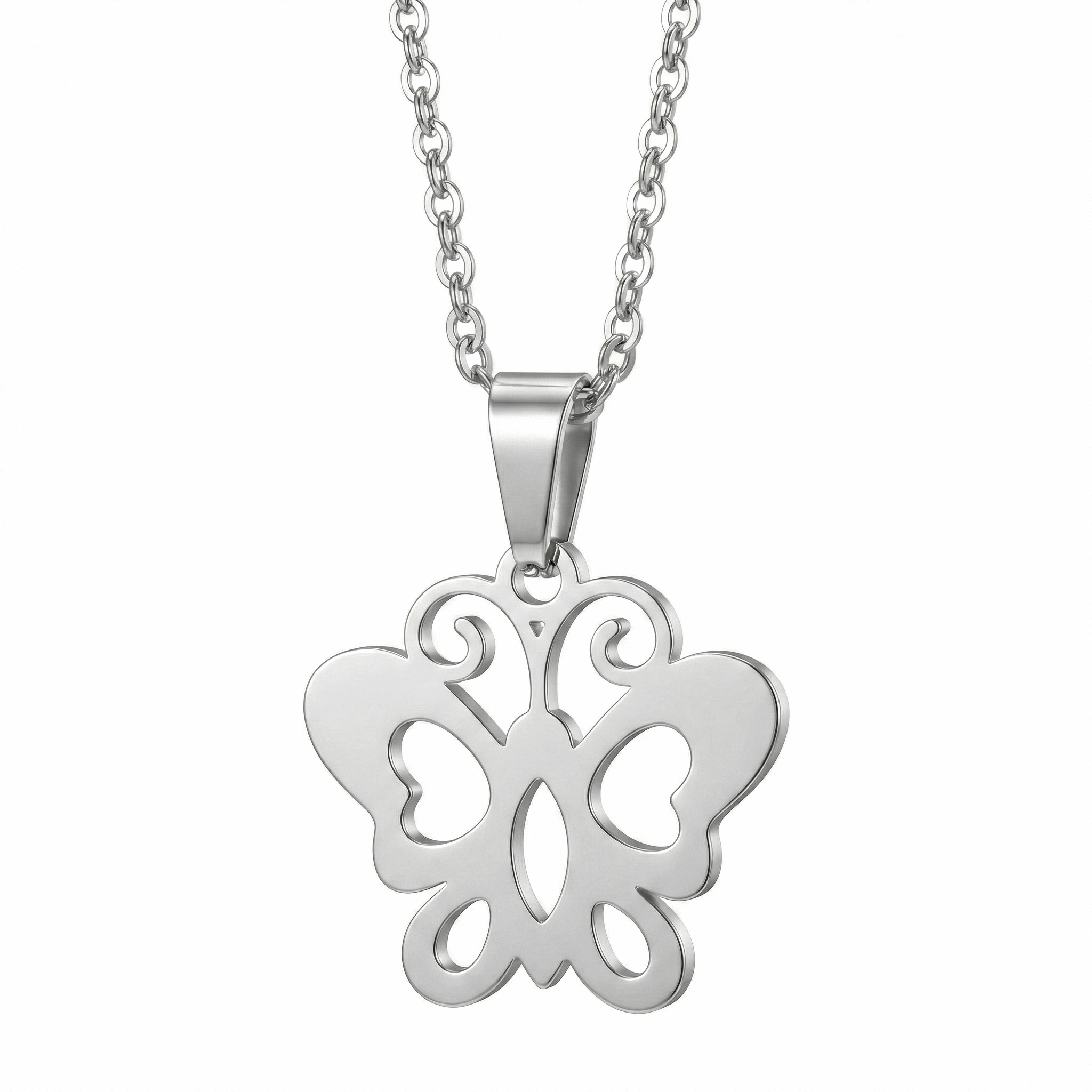 Collier papillon en acier inoxydable couleur acier, pendentif ajouré 1,6 x 1,5 cm, chaîne ajustable 45 + 5 cm, bijou discret pour usage quotidien