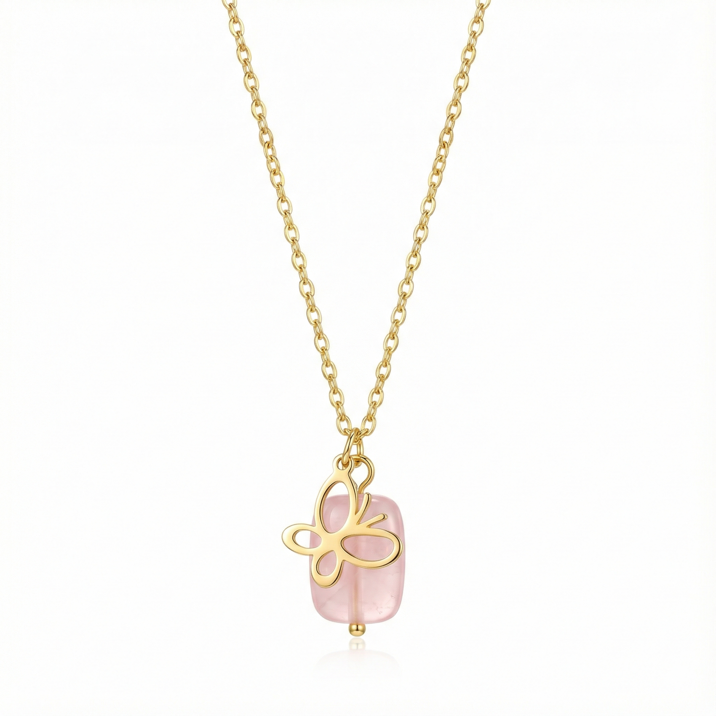 Collier pendentif papillon doré avec pierre couleur rose pastel, bijou romantique et doux en acier inoxydable pour femme.
