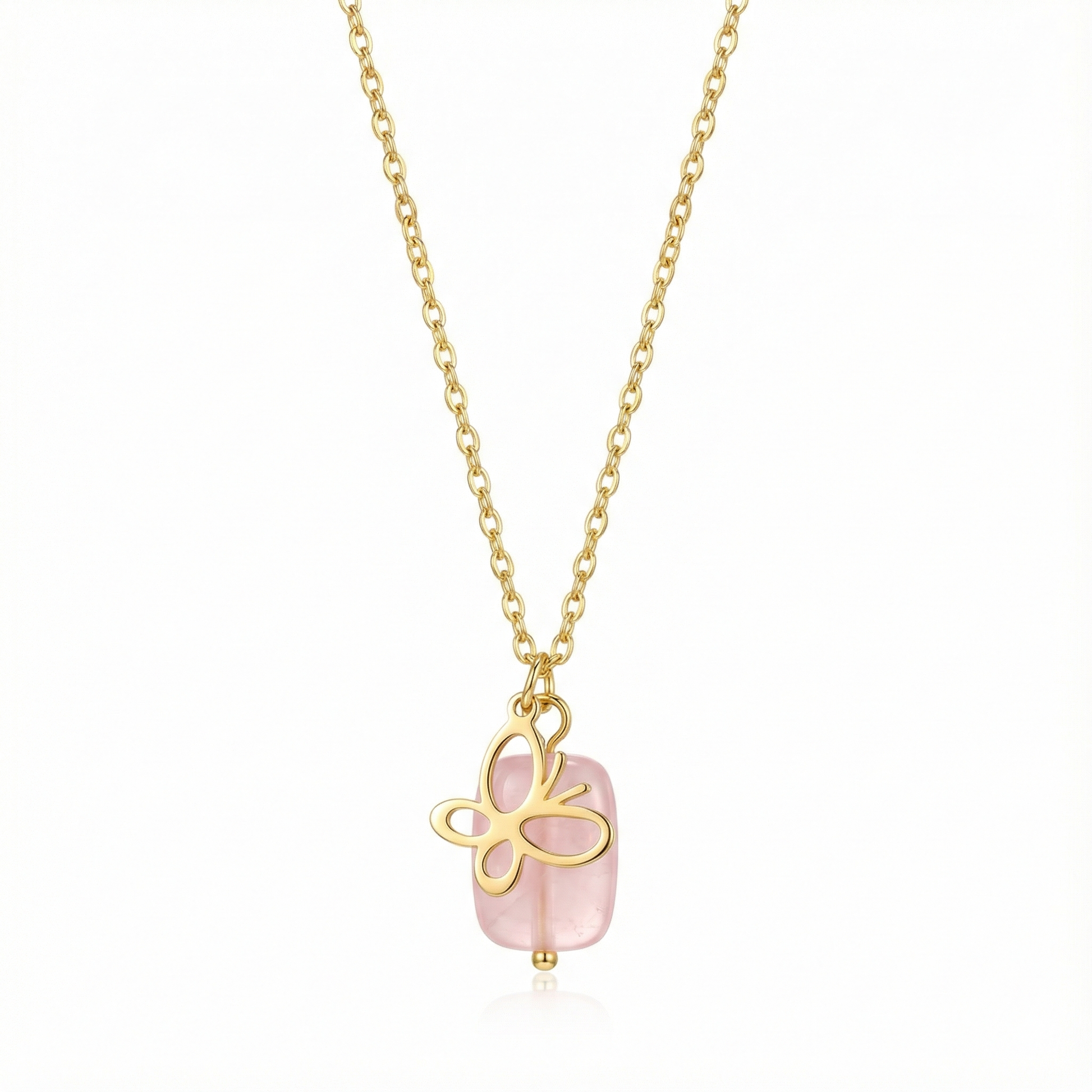 Collier pendentif papillon doré avec pierre couleur rose pastel, bijou romantique et doux en acier inoxydable pour femme.