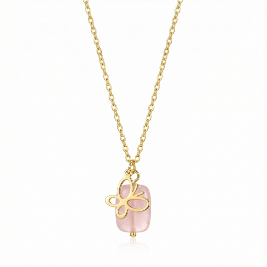 Collier pendentif papillon doré avec pierre couleur rose pastel, bijou romantique et doux en acier inoxydable pour femme.