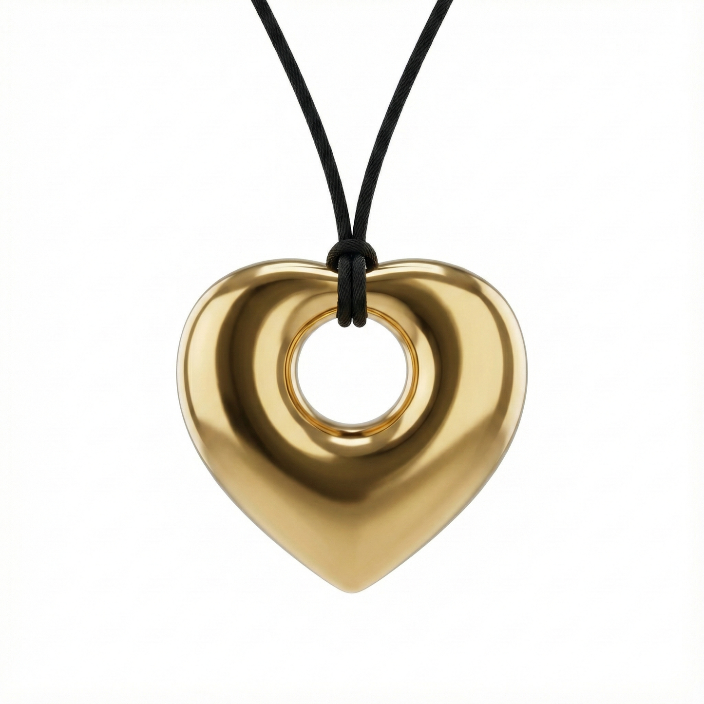 Collier pendentif cœur sculptural en acier inoxydable doré avec cordon noir