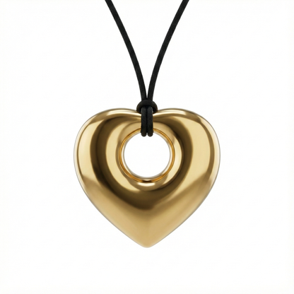 Collier pendentif cœur sculptural en acier inoxydable doré avec cordon noir