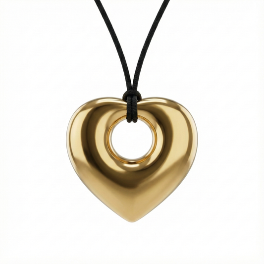 Collier pendentif cœur sculptural en acier inoxydable doré avec cordon noir