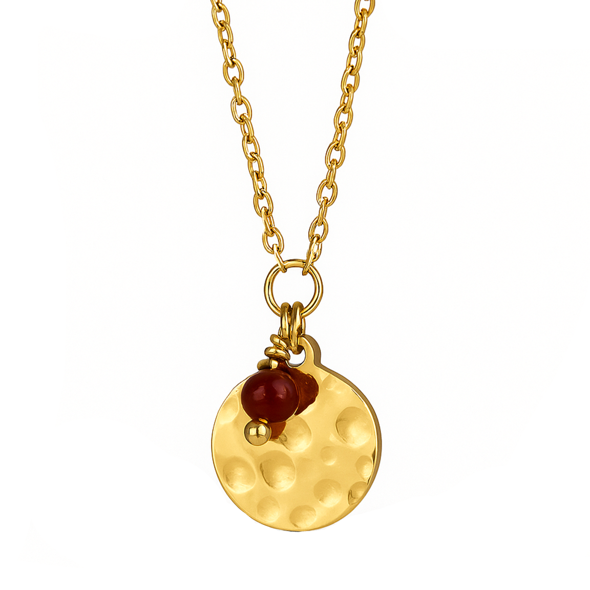 Un collier fin et lumineux, orné d’un médaillon circulaire martelé façon lune et rehaussé d’une petite pierre rouge façon grenat. Une création discrète, poétique et élégante.

Matériau : Acier inoxydable couleur doré, pierre synthétique façon grenat. Résistant à l’eau, hypoallergénique, finition martelée brillante.

Dimensions : Longueur chaîne ≈ 40 + 5 cm – diamètre pendentif ≈ 10 mm – poids 2,4 g.

Design : Médaillon rond effet cratère suspendu à une chaîne fine dorée, accompagné d’un petit éclat rouge pr