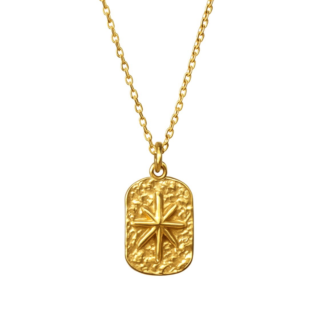 Évoquant une carte céleste ancienne, ce collier doré orné d'une médaille martelée met en valeur une étoile du Nord en relief, symbole de repère et de guidance. Le contraste entre les textures brutes et le poli du motif central donne une pièce forte, authentique et pleine de caractère.

Matériaux : Acier titane, finition couleur or
Dimensions : pendentif 1,5 cm x 1 cm – chaîne 40 + 5 cm
Style : Astrologique, médaillon vintage, symbolique