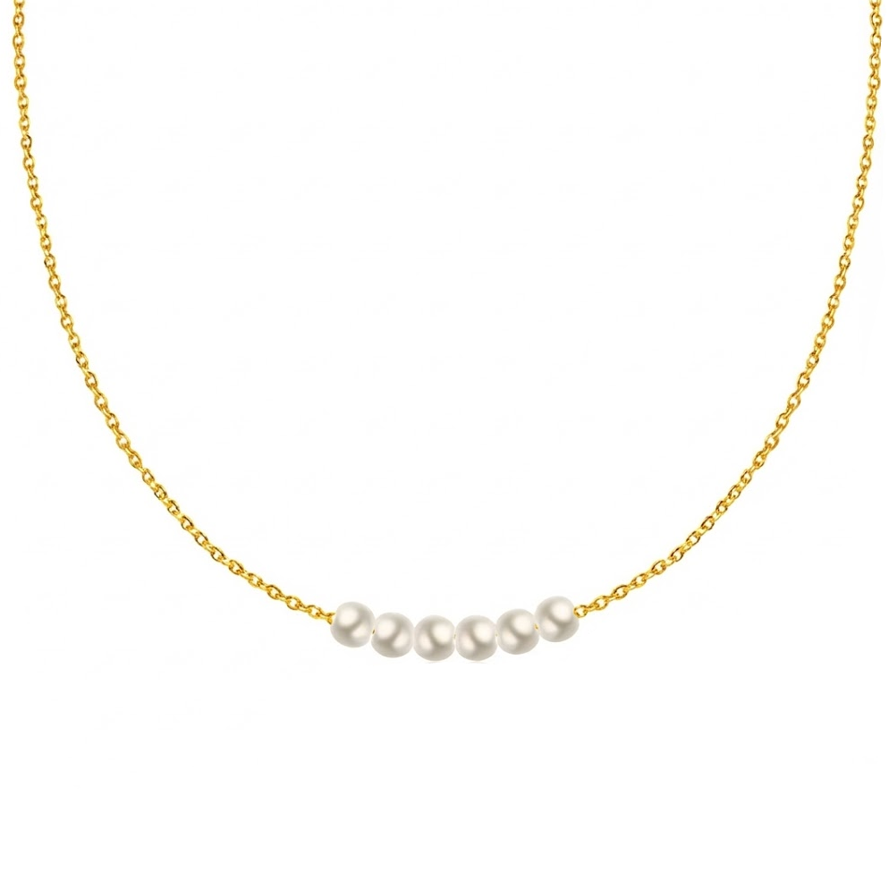 Collier perles blanches alignées en acier inoxydable couleur doré