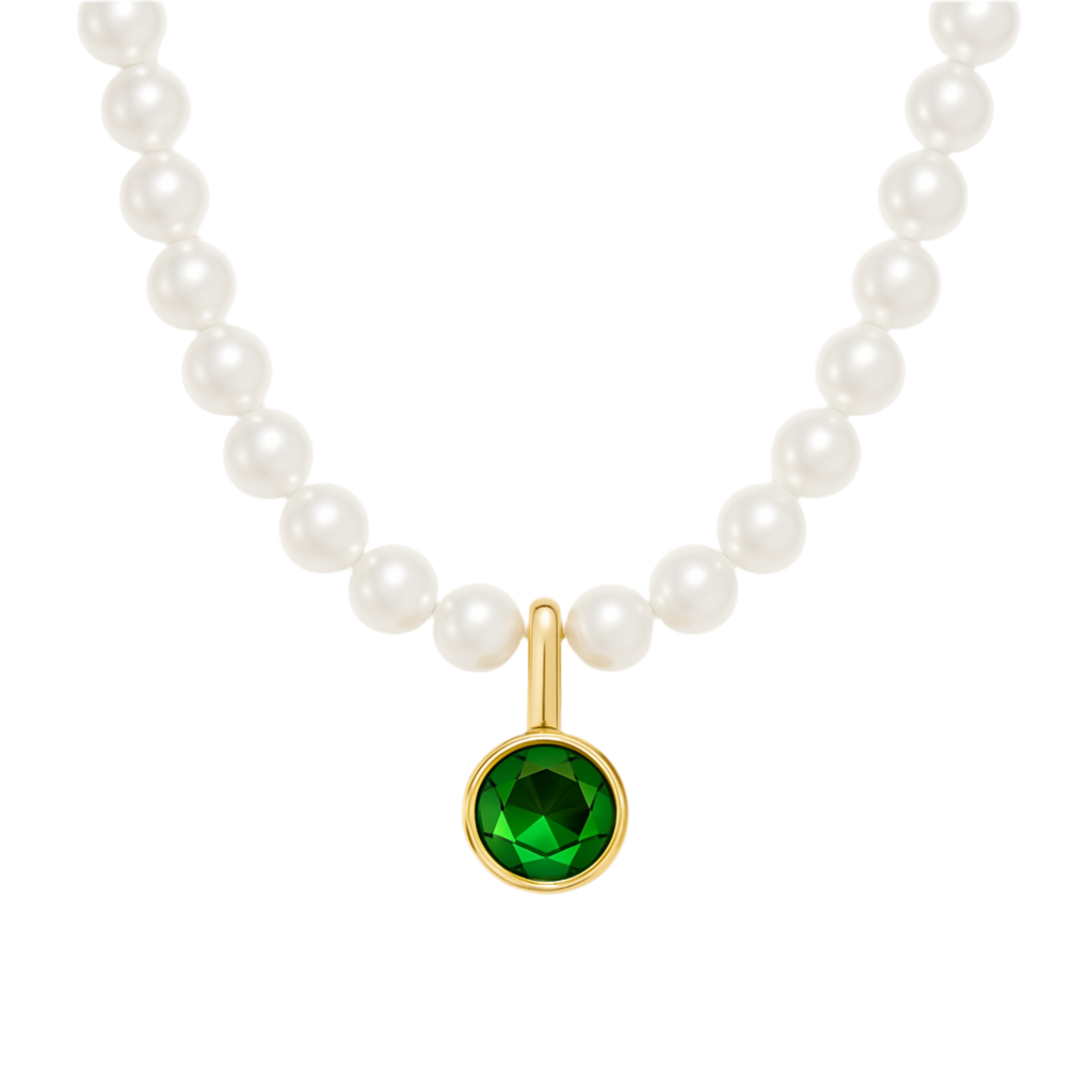 Ce collier de perles blanches orné d’un pendentif vert émeraude allie le charme classique à une modernité éclatante. Chaque perle offre une brillance soyeuse, tandis que le médaillon rond en pierre facettée verte, cerclé de doré éclatant, attire irrésistiblement le regard.