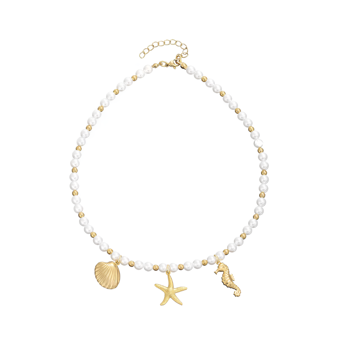 Ce collier en perles blanches et acier inoxydable doré, décoré de trois pendentifs marins (coquillage, étoile de mer, hippocampe), évoque l’été, la liberté et la douceur des rivages. Un bijou au style estival, frais et symbolique.

Matériau : Acier inoxydable couleur doré, perles synthétiques diamètre 6 mm, hypoallergénique, résistant à l’eau et à l’oxydation.

Dimensions : Longueur 40 cm + 5 cm – pendentifs : coquillage 19 mm, étoile de mer 20 mm, hippocampe 22 mm – poids léger et agréable.
