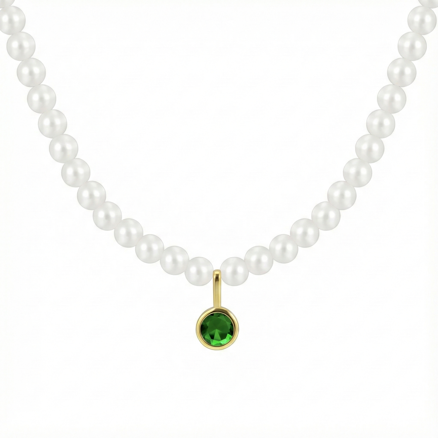 Collier de perles blanches doré or 18k avec pendentif rond vert émeraude facetté, bijou élégant et lumineux
