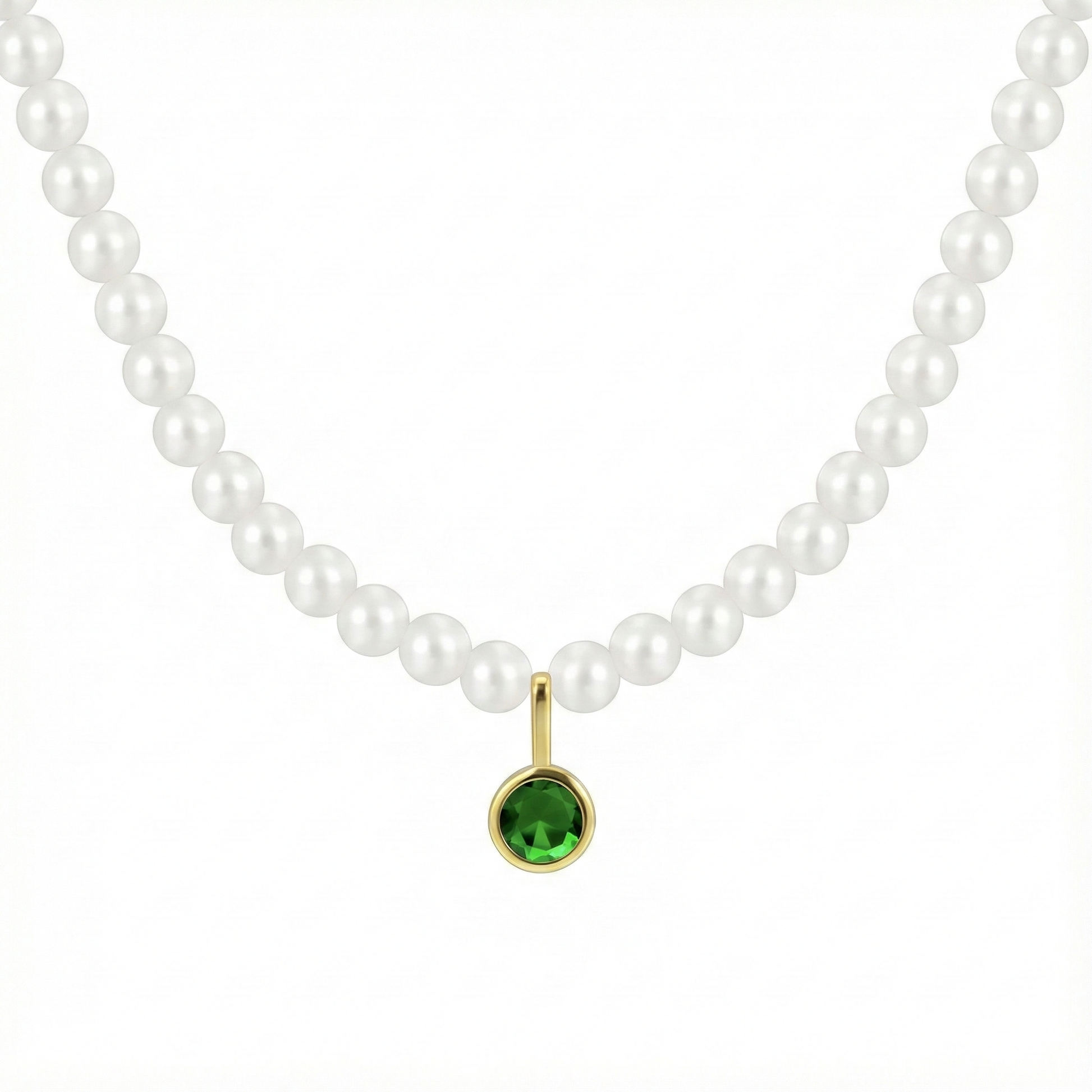 Collier de perles blanches doré or 18k avec pendentif rond vert émeraude facetté, bijou élégant et lumineux