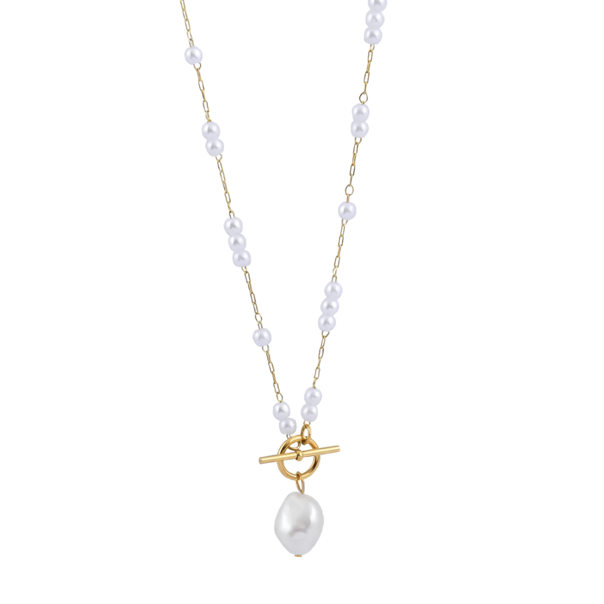 Élégant et délicat, ce collier en perles blanches alterne maillons dorés et perles synthétiques, rehaussé d’un fermoir toggle à l’avant, orné d’un pendentif en perle baroque blanche.

Matériau : Acier inoxydable couleur doré, perles synthétiques, pendentif perle baroque, hypoallergénique, résistant à l’eau et à l’oxydation.

Dimensions : Longueur approximative 42 cm – pendentif ≈ 1,5 cm – poids léger.

Design : Composition raffinée de perles blanches, chaîne dorée fine, fermeture décorative en T (fermoir to
