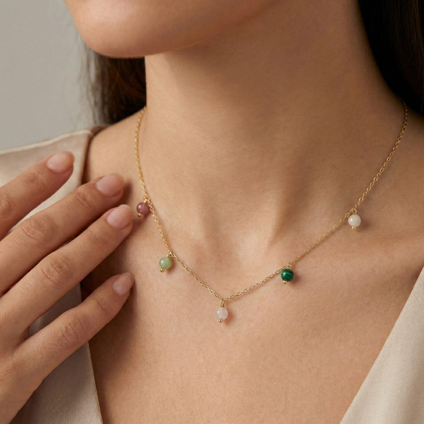 Collier perles colorées en acier inoxydable couleur or