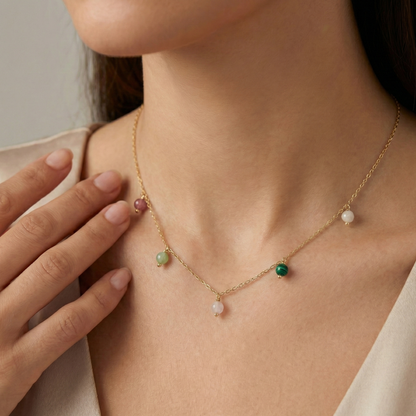 Collier perles colorées en acier inoxydable couleur or