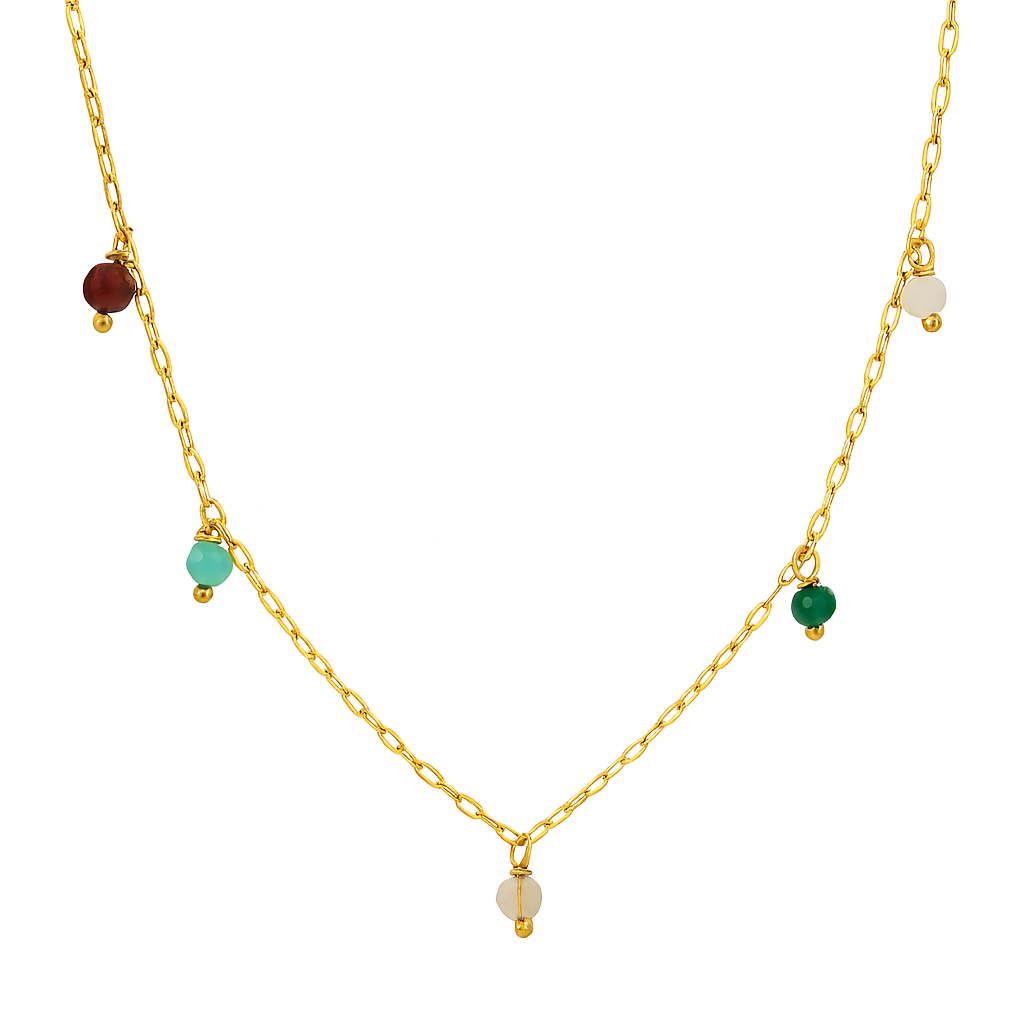 Un collier fin et lumineux, ponctué de petites perles colorées pour une touche de fraîcheur. Sa chaîne dorée au maillon délicat met en valeur chaque détail. Facile à porter au quotidien, il se mixe parfaitement avec d’autres bijoux tendance.

Matériaux : Acier inoxydable couleur or
Dimensions : Longueur 40 + 5 cm – perles ≈ 4 mm
Style : Minimaliste, coloré, décontracté-chic