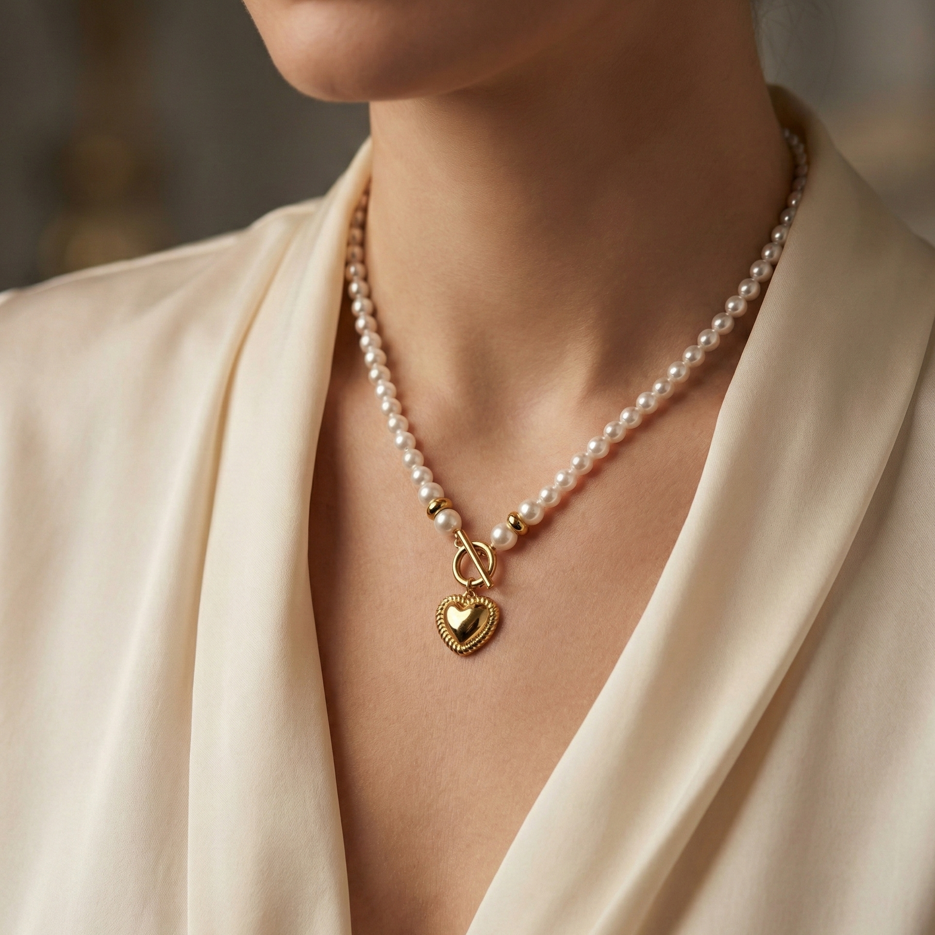 Collier perles nacrées avec cœur doré et fermoir toggle