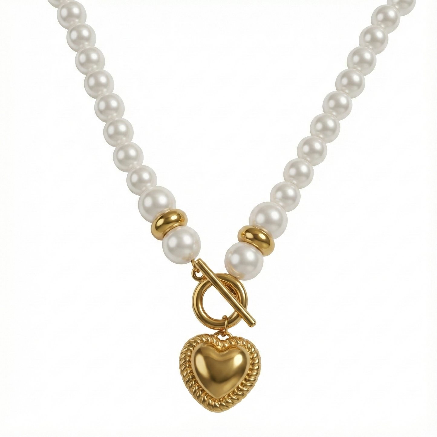 Collier perles nacrées avec cœur doré et fermoir toggle