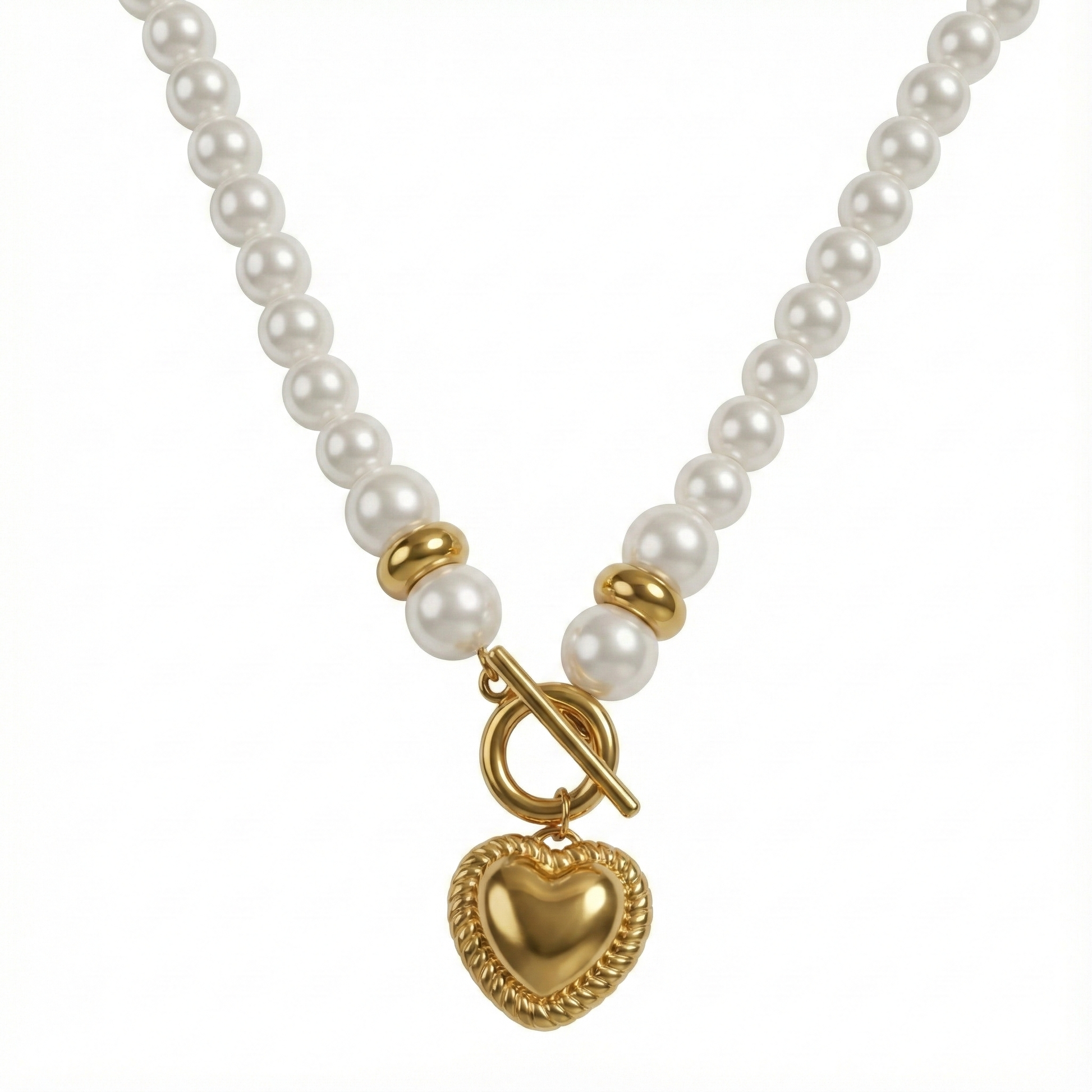Collier perles nacrées avec cœur doré et fermoir toggle