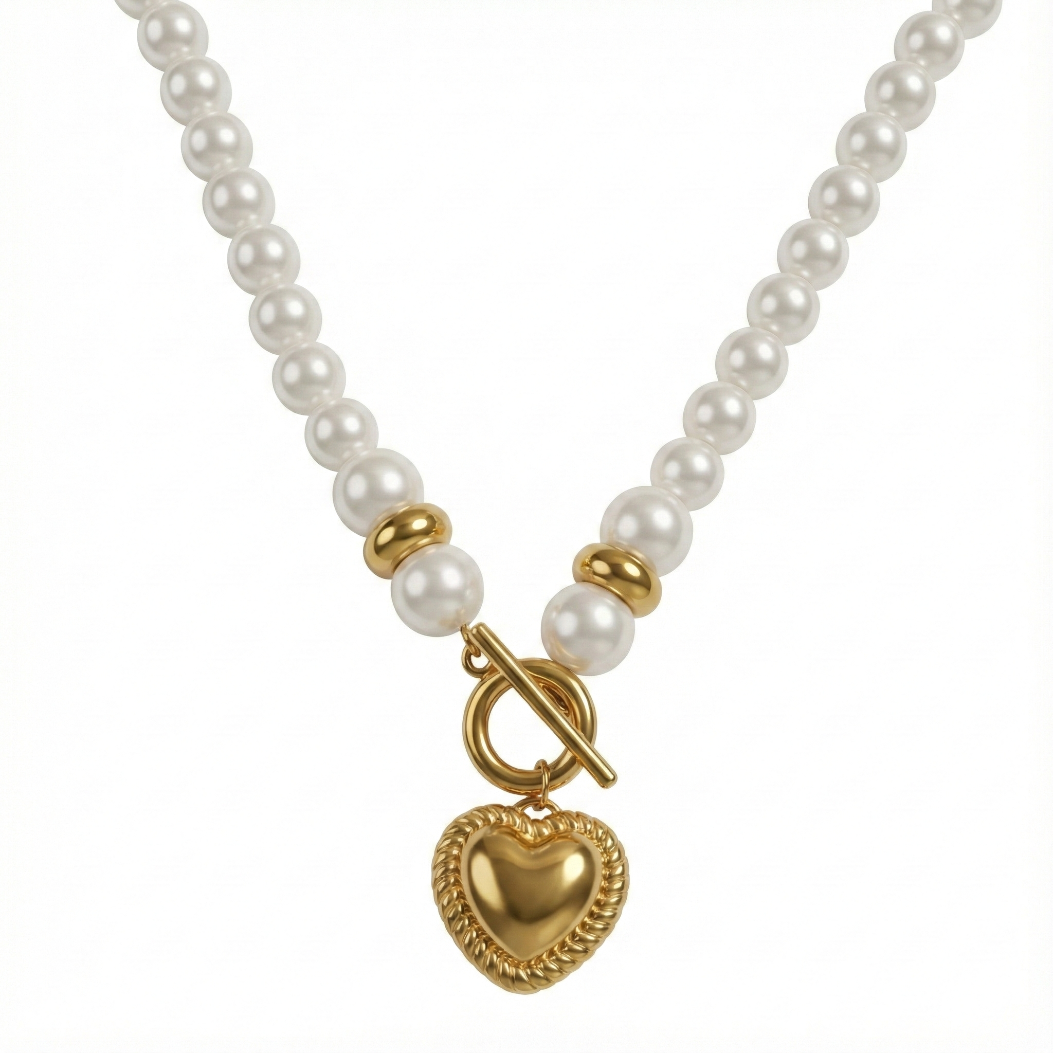 Collier perles nacrées avec cœur doré et fermoir toggle