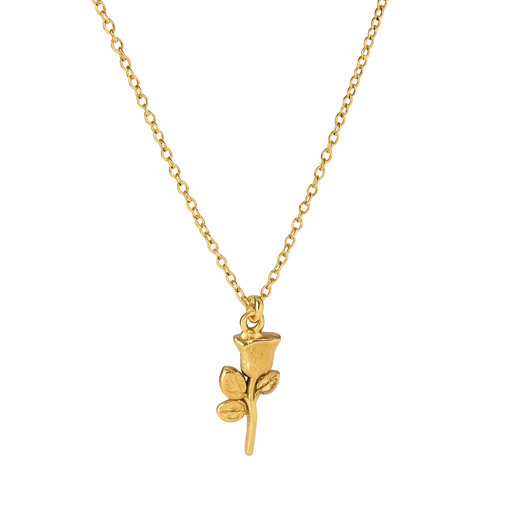 Ce collier en acier inoxydable doré, orné d’un pendentif en forme de rose stylisée, incarne l’amour éternel, la féminité et la délicatesse. Un bijou fin et romantique à porter au quotidien ou à offrir.