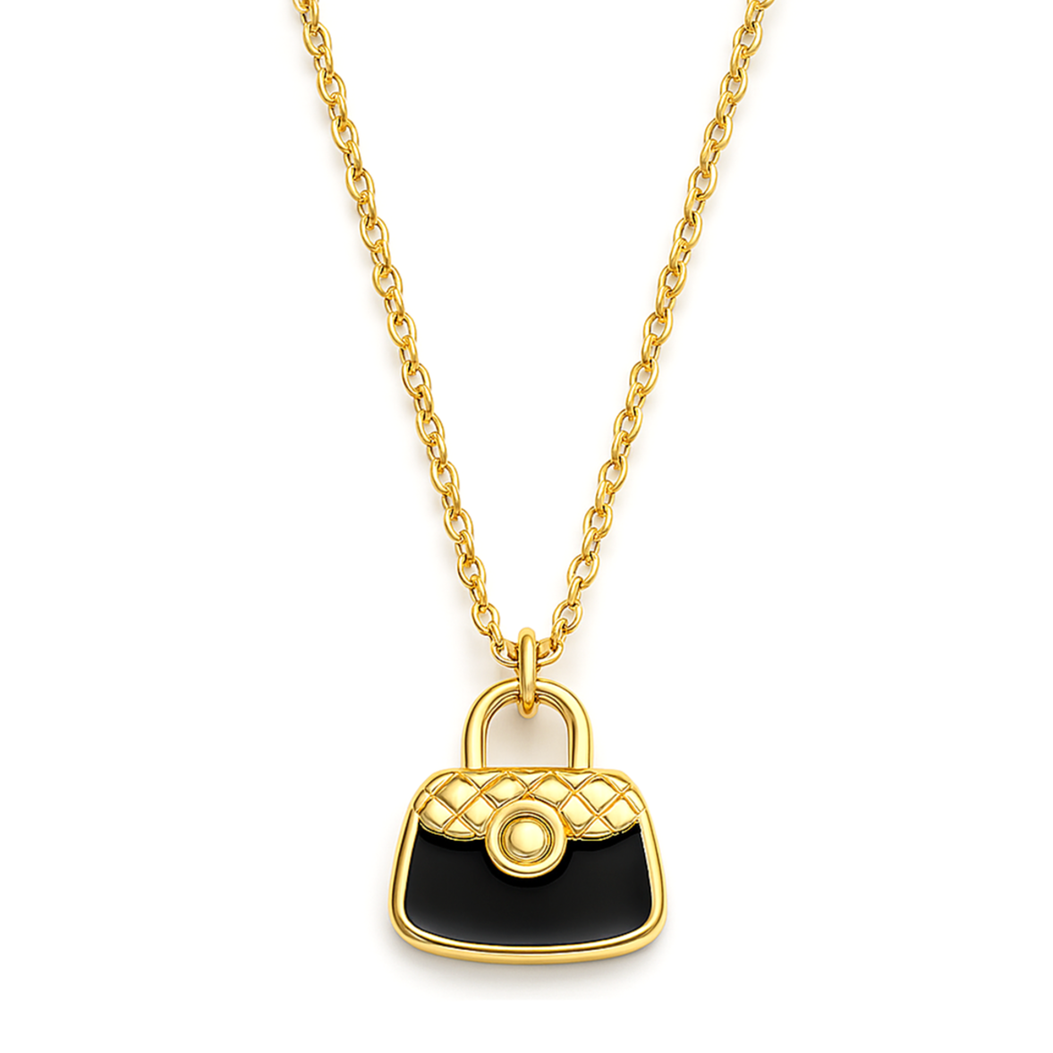 Un collier original et stylisé, orné d’un pendentif en forme de sac à main noir émaillé, monté sur une chaîne fine dorée. L’accessoire parfait pour les amatrices de mode et de pièces graphiques.

Matériau : Acier inoxydable (titane) couleur doré, émail noir, hypoallergénique, résistant à l’eau et à l’oxydation.

Dimensions : Longueur chaîne 40 cm + 5 cm – pendentif 1,6 cm x 1,4 cm – poids 4,2 g.

Design : Pendentif miniature en forme de sac iconique, avec détails dorés en relief et fermoir stylisé, suspendu