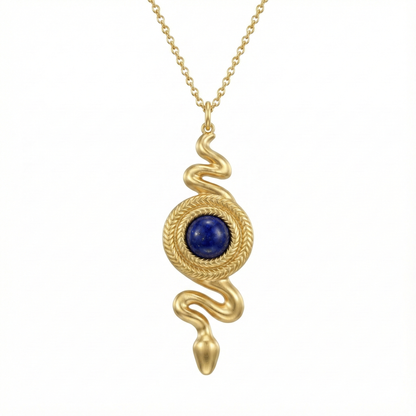 Collier serpent en acier inoxydable doré avec pierre bleue, pendentif 4,14 cm, chaîne ajustable, bijou symbolique léger pour un style affirmé.