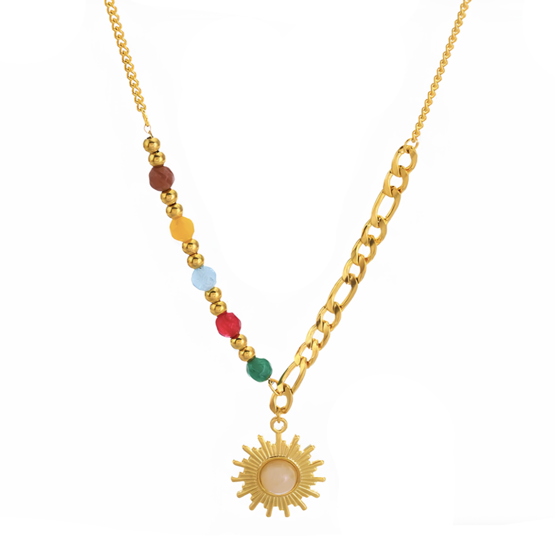 Affirmez votre lumière intérieure avec ce collier soleil en acier inoxydable doré, combiné à une chaîne asymétrique mêlant maillons larges et perles colorées. Une pièce puissante, pleine de caractère et de joie visuelle.

Matériau : Acier inoxydable doré, perles colorées, hypoallergénique, résistant à l’eau et à l’oxydation.

Dimensions : Longueur 40 cm + 5 cm – pendentif soleil 1,9 cm – poids 7,5 g.

Design : Médaillon soleil doré à rayons texturés, monté sur une chaîne dépareillée : moitié maillons plats,