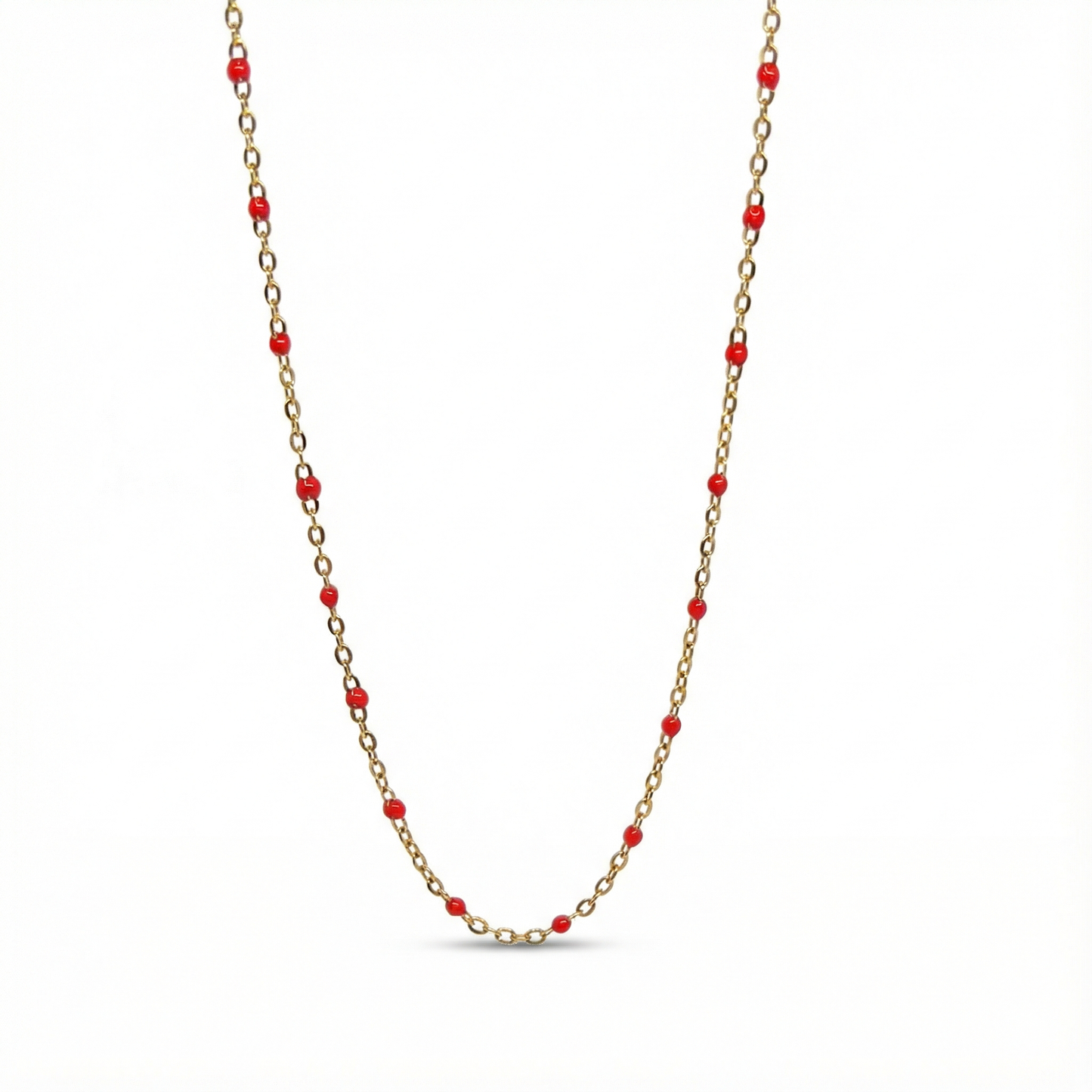 Collier doré d'été avec petites perles rouges style corail, chaîne en acier inoxydable idéale pour la plage.